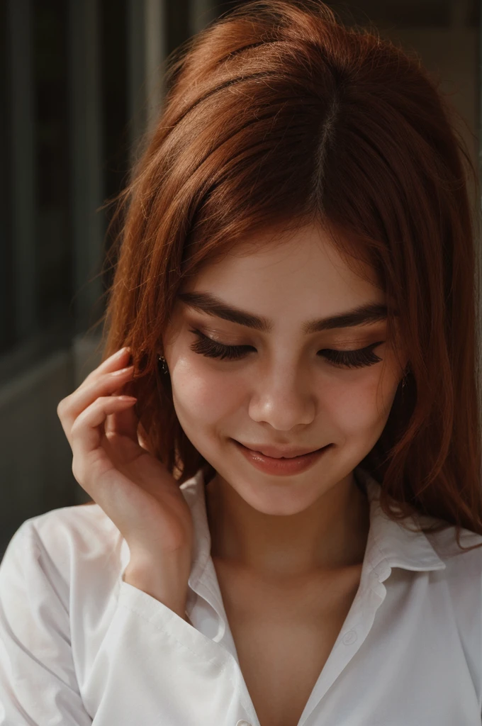 Cute woman in white shirt, depth of field, darkness, messy hair, Perfect face, Dark, evening, grainy, seductive smile, Closed eyes