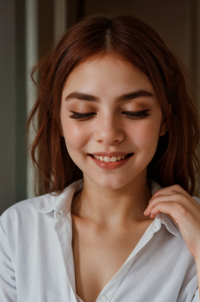 Cute woman in white shirt, depth of field, darkness, messy hair, Perfect face, Dark, evening, grainy, seductive smile, Closed eyes