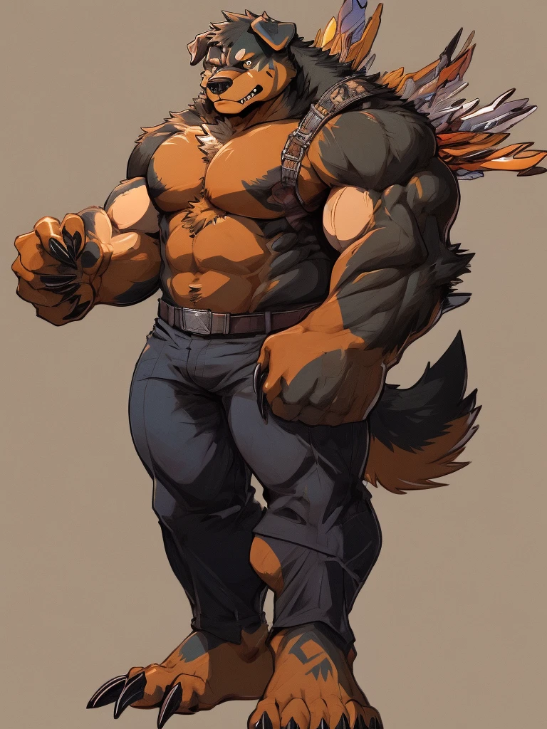 furry, (((rottweiler))), (((fusion with wolf))), wolf claws, beastman, male, big body, muscular, full body, character concept art, simple background, monster like, abnormal musculate, long claws, walks by 4 legs