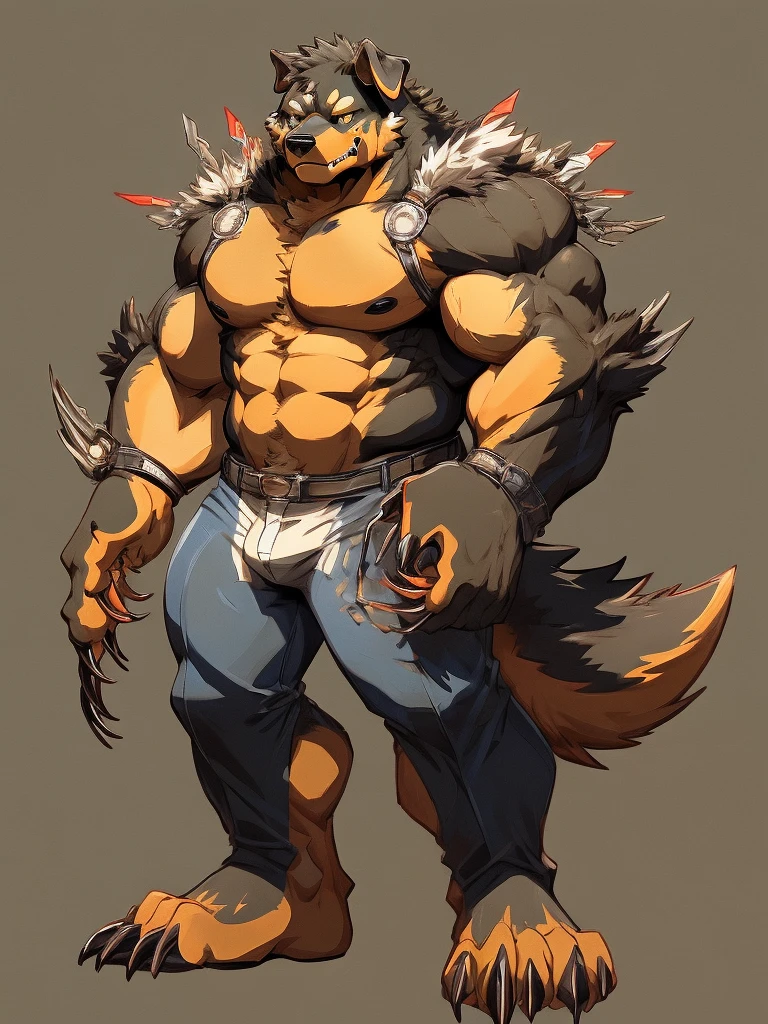 furry, (((rottweiler))), (((fusion with wolf))), wolf claws, beastman, male, big body, muscular, full body, character concept art, simple background, monster like, abnormal musculate, long claws, walks by 4 legs