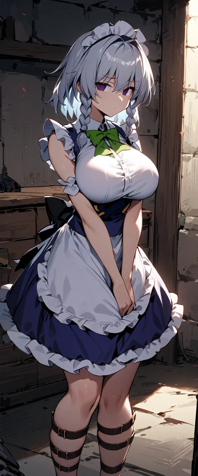 masterpiece, best quality, 1girl, solo, adult, sakuya izayoi, touhou, silver hair, (short hair:0.2), 2 front braids, green bows, purple eyes, solid eyes, white shirt, french maid outfit, leg belts, large breasts, standing, v arms, basement on background