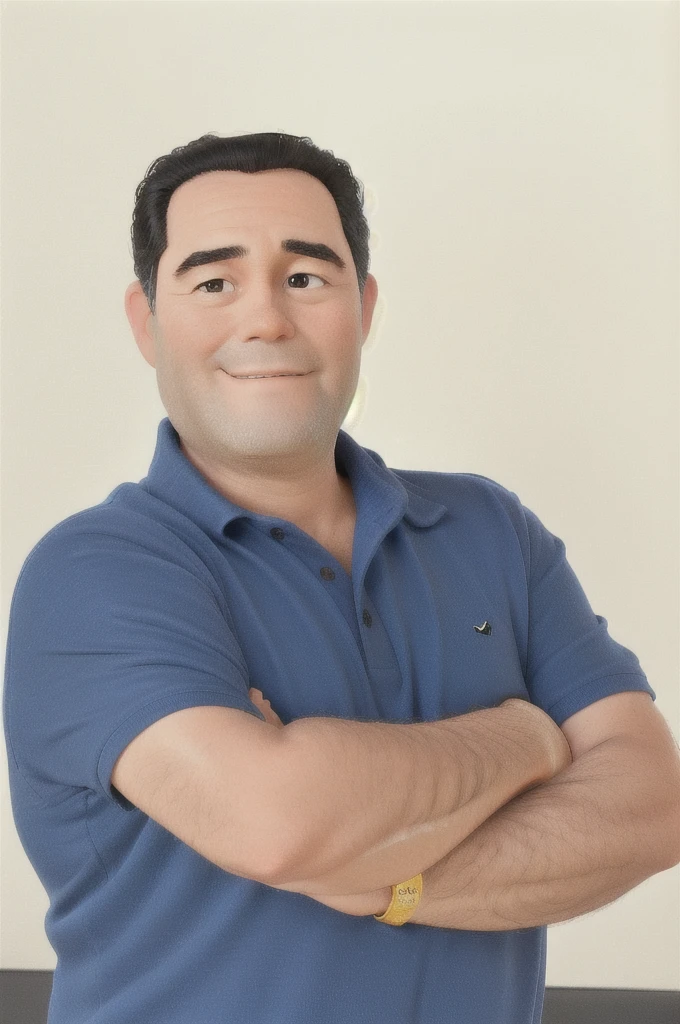 50-year-old man, black hair, blue polo, arm crossed, smiling