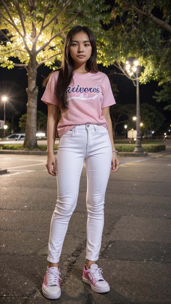 A 25 year old filipina girl wearing a pink tshirt and white jeans and sneakers the background is nigth and koraen park.