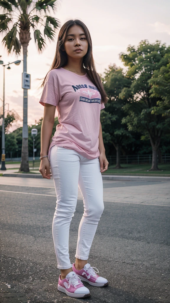 A 25 year old filipina girl wearing a pink tshirt and white jeans and sneakers the background is nigth and koraen park.