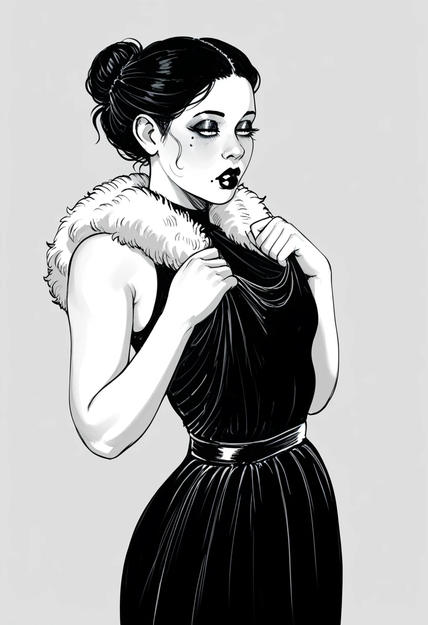score_9, score_8_up, score_7_up, score_6_up BREAK, monochrome, sp1t, hatching texture, 1girl,solo, slim, pale skin tone, beauty mark, dark lipstick, regal dressing, fur trimmed black dress, dark background, bun hairstyle,