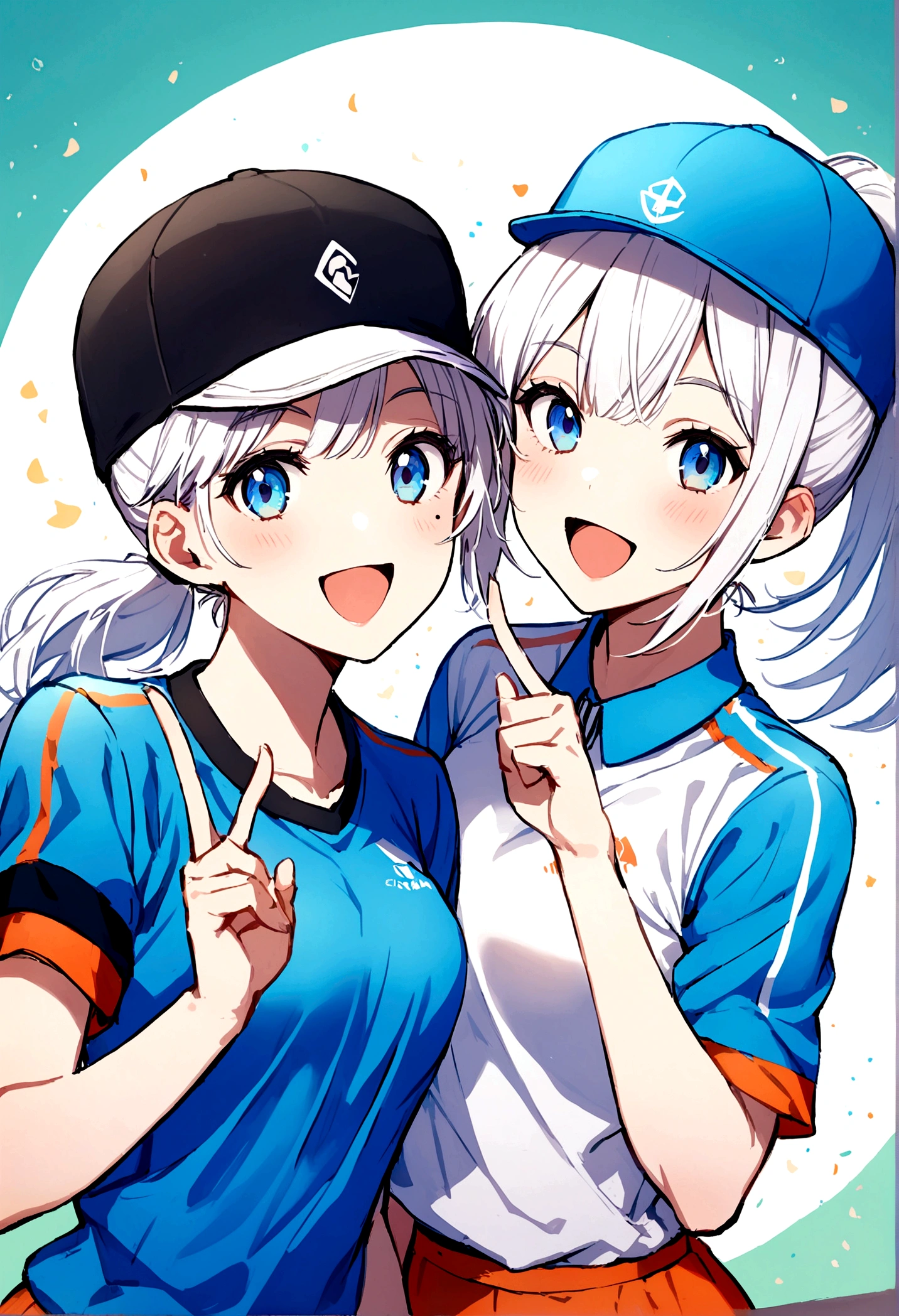 Girl, white hair, blue eyes, touko ponytail, hat, mole next to left and right eye, sports shirt, happy and energetic