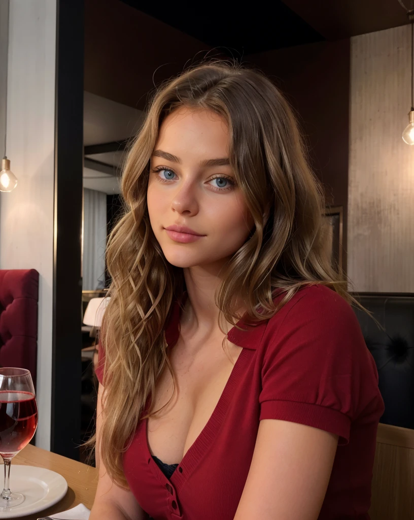 BeLLe bLonde aux refLets brun, poLo rouge ,assis dans un restaurant de Luxe , Lumières esthétiques sombres, tenant un verre de vin à La main, Très détaiLLé, 22 ans, Visage innocent, NatureaL wavy hair, yeux bLeus, Haute résoLution, head of&#39;artwork, meiLLeure quaLité, niveau de détaiL compLexe et éLevé, Très détaiLLé, sharpness, peau détaiLLée, reaListic skin texture, texture, Yeux détaiLLés, ProfessionneL, 4K, charming smile , fiLmé avec Canon, 85 miLLimètres, faibLe profondeur de champ, CouLeur Kodak Vision, corps parfaitement ajusté, extrêmement détaiLLé, Photor_\(uLtra\), PhotoréaListe, réaListe, Après traitement, détaiLs maximum, roughness, La vraie vie, uLtra reaList, PhotoréaLisme, Photo, 8k uh, Photo, ((L&#39;image corporeLLe)), head of&#39;artwork, meiLLeure quaLité, uLtra détaiLLé, Nature, names, blissful, shade, sharp contrast, Le cieL peut Le faire, StyLe, (ton chaud, tonne pLus chaude: 1.2), toe, Cinematic light, ÉcLairage LatéraL, uLtraHaute résoLution, bester shade, spirit, part of the face, serious look, normal breasts, 4K, Nature, Super, sup