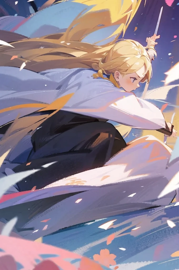 have a blonde waifu finishing an attack with a large samurai sword leaning forward and one leg forward too