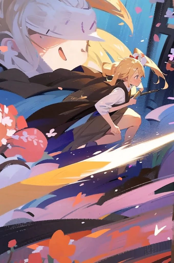 have a blonde waifu finishing an attack with a large samurai sword leaning forward and one leg forward too
