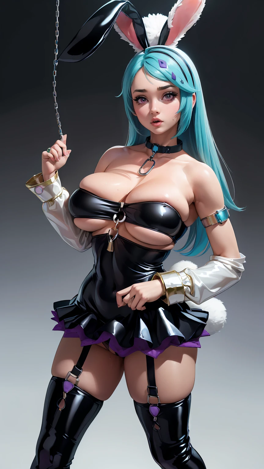 (best quality). (Ultra Detalhado). (1girl), Olhando para o Viewer. (Antecedentes detalhados). belos olhos detalhados. rosto delicado e bonito. (high saturation), seios grandes, droopy breasts, (((sexy black latex lingerie))), big breasts, off shoulders, very pressed, (((bdsm bunny outfit))), (((collar with large chain between cleavage))), (((large chain between breasts))), (((chain between boobs))), (((chain on breasts))), (((chained breasts))),