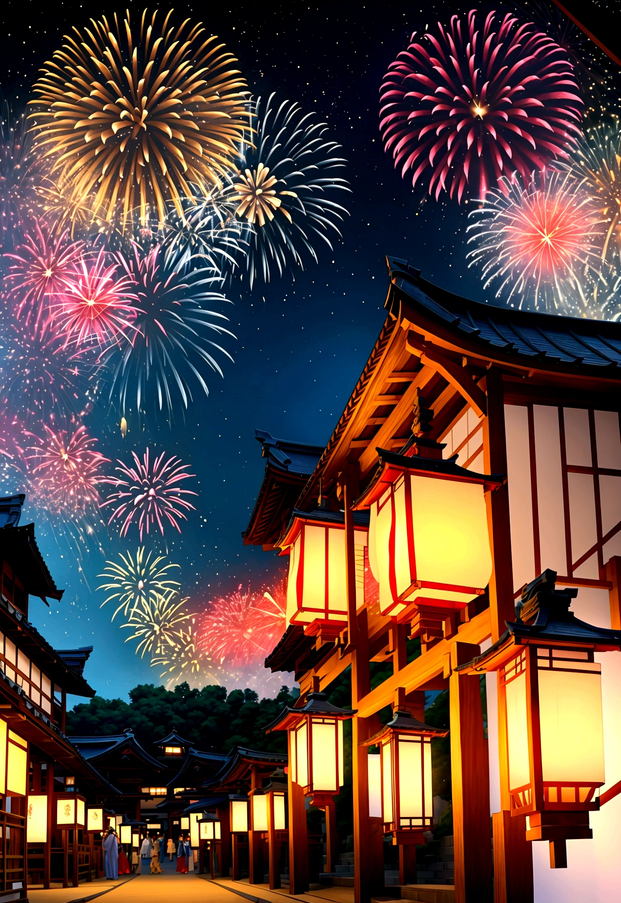 Summer festival、Japan、Lanterns and fireworks、5A drawing of a genius level、Fireworks main picture
