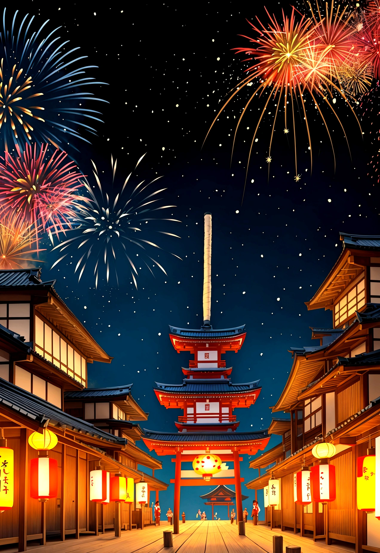 Summer festival、Japan、Lanterns and fireworks、5A drawing of a genius level、Fireworks main picture