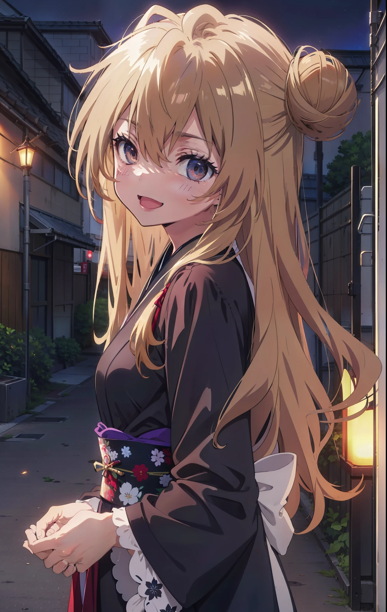 taiga aisaka, taiga aisaka, Long Hair, Brown Hair, Brown eyes,happy smile, smile, Open your mouth,Squint your eyes,Hair Bun, single  Hair Bun,Black kimono,Thick sleeves,日本のfestival,夏festivalの屋台,Red lantern,night,night空の花火,Fireworks,The place is a fireworks display,時間はnightです,sunny day,turn around,As if your whole body is in the illustration,Walking,　　　　　　　　　　　　　　　  　　　　　break looking at viewer, Upper Body, (Cowboy Shot:1. 5),  　　　　　
break outdoors, festival,shrine,
break (masterpiece:1.2), Highest quality, High resolution, unity 8k wallpaper, (shape:0.8), (Beautiful attention to detail:1.6), Highly detailed face, Perfect lighting, Highly detailed CG, (Perfect hands, Perfect Anatomy),