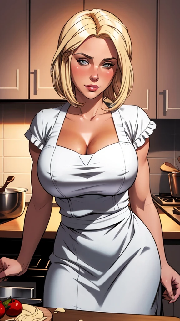 Comic style, An image of a busty chef, blonde bob hair, gorgeous, in a kitchen, dawn lights, bloom, (detailed skin complexion:1.2), best quality, deep color, complex shading effect, ambient occlusion, highly detailed textures