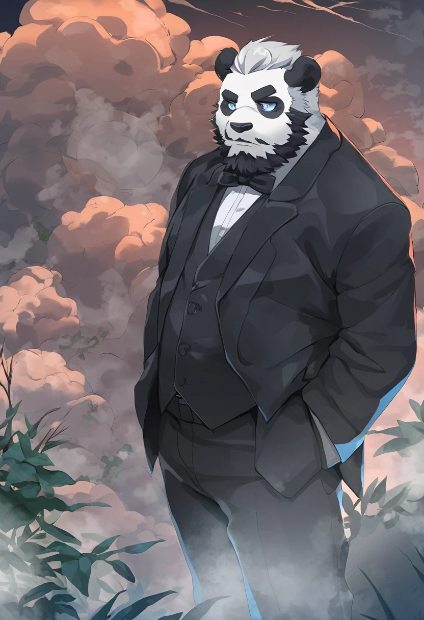 Panda Zombie,personification,Mature male,Strong Zombie,Black beard,Cold expression,Blue pupils,Black eyebrows,Black suit suit,Hands in pockets,The Age of Steam,garden。