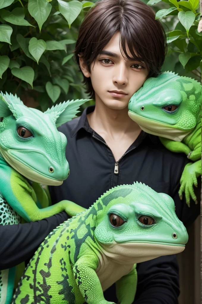 a male teenager with green hair, sharped teeth, crocodile tail, with crocodile scales around the face, wearing messy brown clothes