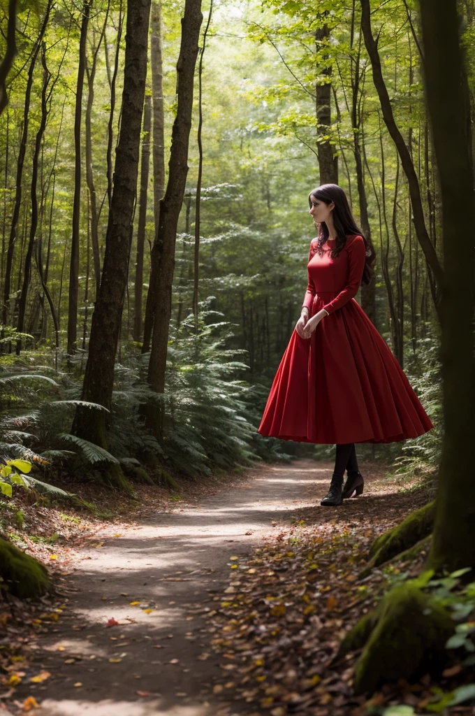 a woman in a red dress walking in a forest