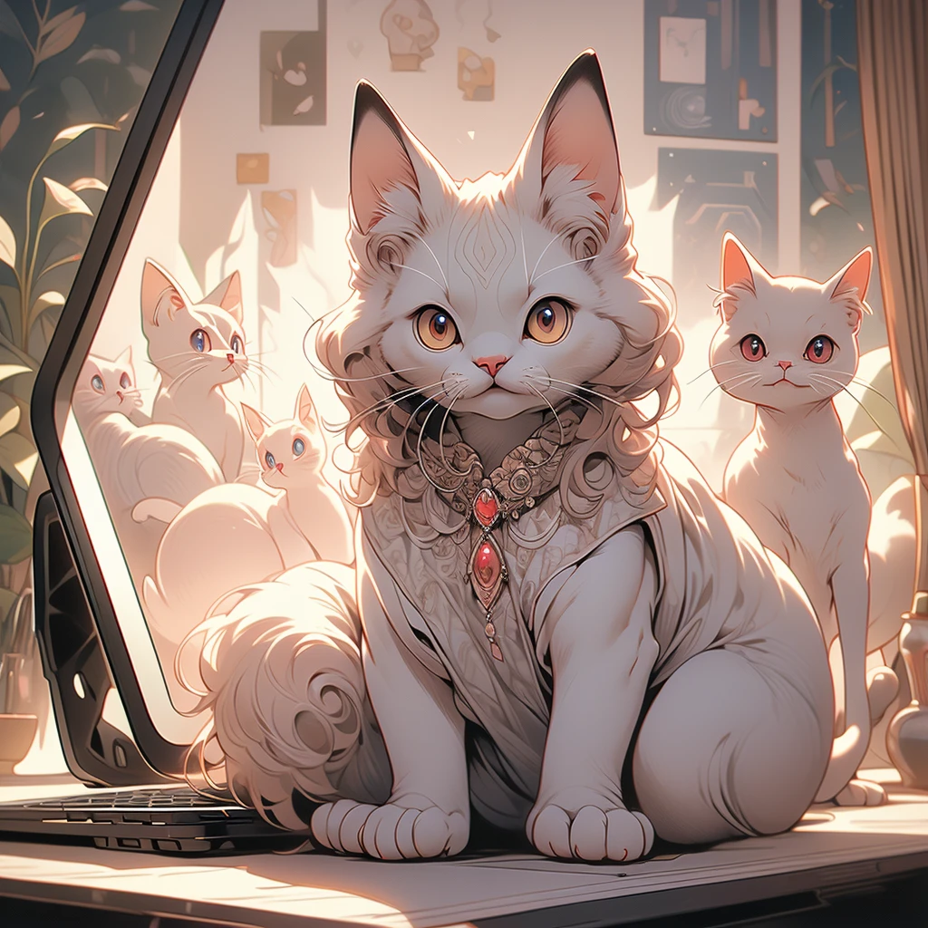 araffe cat sitting on a blanket in front of a laptop computer, a pastel by Alexander Brook, reddit, renaissance, he has short curly brown hair, hyperdetailed!!, hyper detailed!!, sphinx cat, hyperdetailed!!!, large red eyes!!!, he has an elongated head shape, gorgeous features, hairless, looking defiantly at the camera