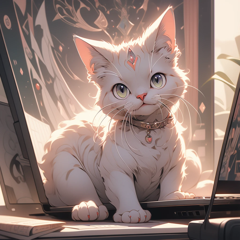 araffe cat sitting on a blanket in front of a laptop computer, a pastel by Alexander Brook, reddit, renaissance, he has short curly brown hair, hyperdetailed!!, hyper detailed!!, sphinx cat, hyperdetailed!!!, large red eyes!!!, he has an elongated head shape, gorgeous features, hairless, looking defiantly at the camera