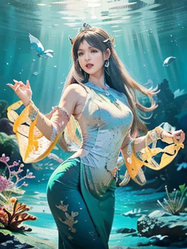 (best quality,ultra-detailed,photorealistic),blue water,sparkling scales, flowy hair, underwater world, colorful coral reefs, ethereal lighting, dreamy atmosphere, fantasy theme, mystical creatures, magical powers, enchanting melodies, mesmerizing beauty, graceful movements, captivating expressions, surreal landscape, peaceful serenity, magical mermaid tails, elegant tiaras, long flowing dresses.