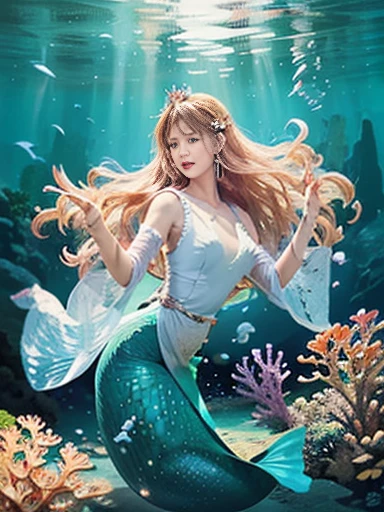 (best quality,ultra-detailed,photorealistic),blue water,sparkling scales, flowy hair, underwater world, colorful coral reefs, ethereal lighting, dreamy atmosphere, fantasy theme, mystical creatures, magical powers, enchanting melodies, mesmerizing beauty, graceful movements, captivating expressions, surreal landscape, peaceful serenity, magical mermaid tails, elegant tiaras, long flowing dresses.