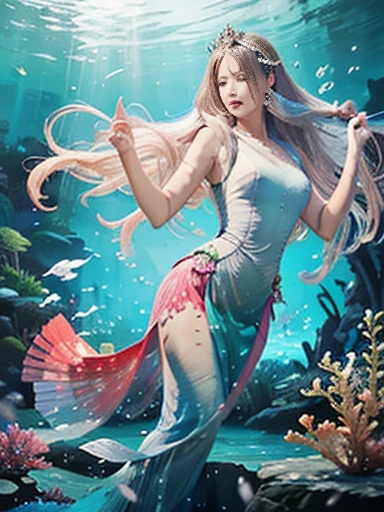 (best quality,ultra-detailed,photorealistic),blue water,sparkling scales, flowy hair, underwater world, colorful coral reefs, ethereal lighting, dreamy atmosphere, fantasy theme, mystical creatures, magical powers, enchanting melodies, mesmerizing beauty, graceful movements, captivating expressions, surreal landscape, peaceful serenity, magical mermaid tails, elegant tiaras, long flowing dresses.