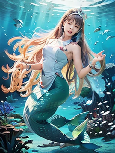 (best quality,ultra-detailed,photorealistic),blue water,sparkling scales, flowy hair, underwater world, colorful coral reefs, ethereal lighting, dreamy atmosphere, fantasy theme, mystical creatures, magical powers, enchanting melodies, mesmerizing beauty, graceful movements, captivating expressions, surreal landscape, peaceful serenity, magical mermaid tails, elegant tiaras, long flowing dresses.