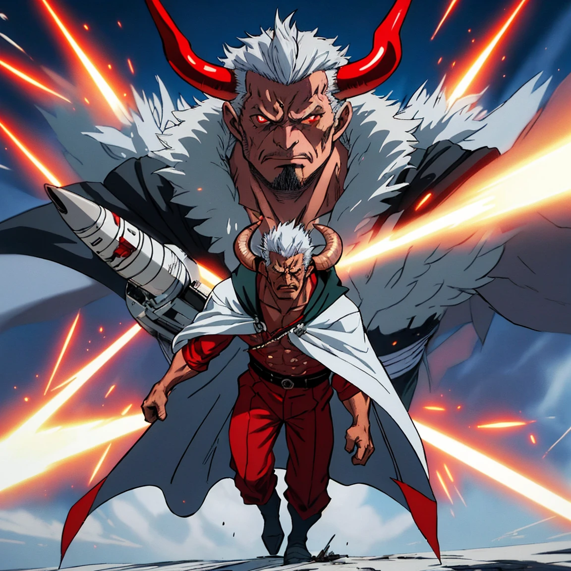 work of art,best qualityer,high resolution,cinematic lighting,dramatic angle,1 old,Izudia,missilesduras,cape,holding missiles,弓 \(missiles\),demoness, naughty man, silver-haired, with 2 horns, young-looking red skin, sad and severe look, blue nobles clothes