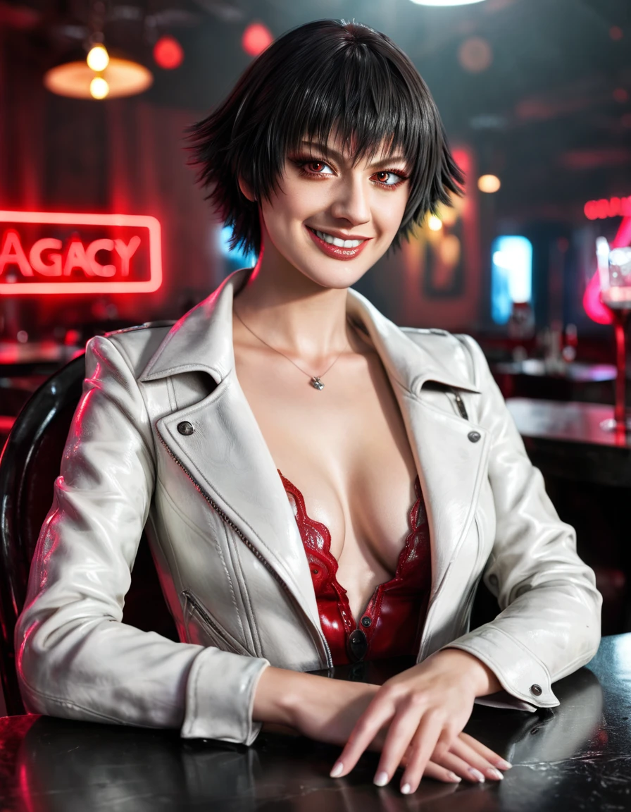 (best quality:1.2), lady (from devil may cry 5:1.1), perfect face, white jacket, sit in a chair, behind a table, in a dark agency background, "devil may cry" neon red written , night, alone, naughty smile