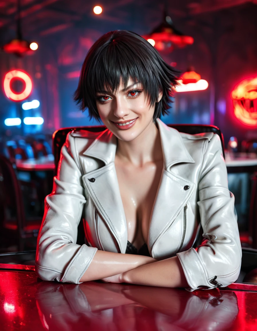 (best quality:1.2), lady (from devil may cry 5:1.1), perfect face, white jacket, sit in a chair, behind a table, in a dark agency background, "devil may cry" neon red written , night, alone, naughty smile
