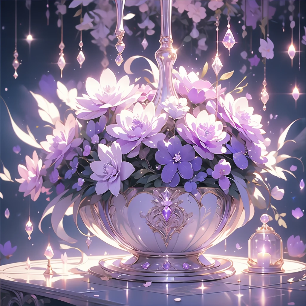 purple and white flowers in a vase with water droplets, dreamy aesthetic, 🌺 cgsociety, very aesthetic!!!!!!!!!!!!!!!, magical flowers, aesthetic ”, fantasy aesthetic!, beautiful flowers and crystals, very aesthetic!!!!!!, sailor moon aesthetic, nebulous bouquets, night sky full of flowers, ethereal!!! ultra realistic, purple aethetic, in style of petra collins