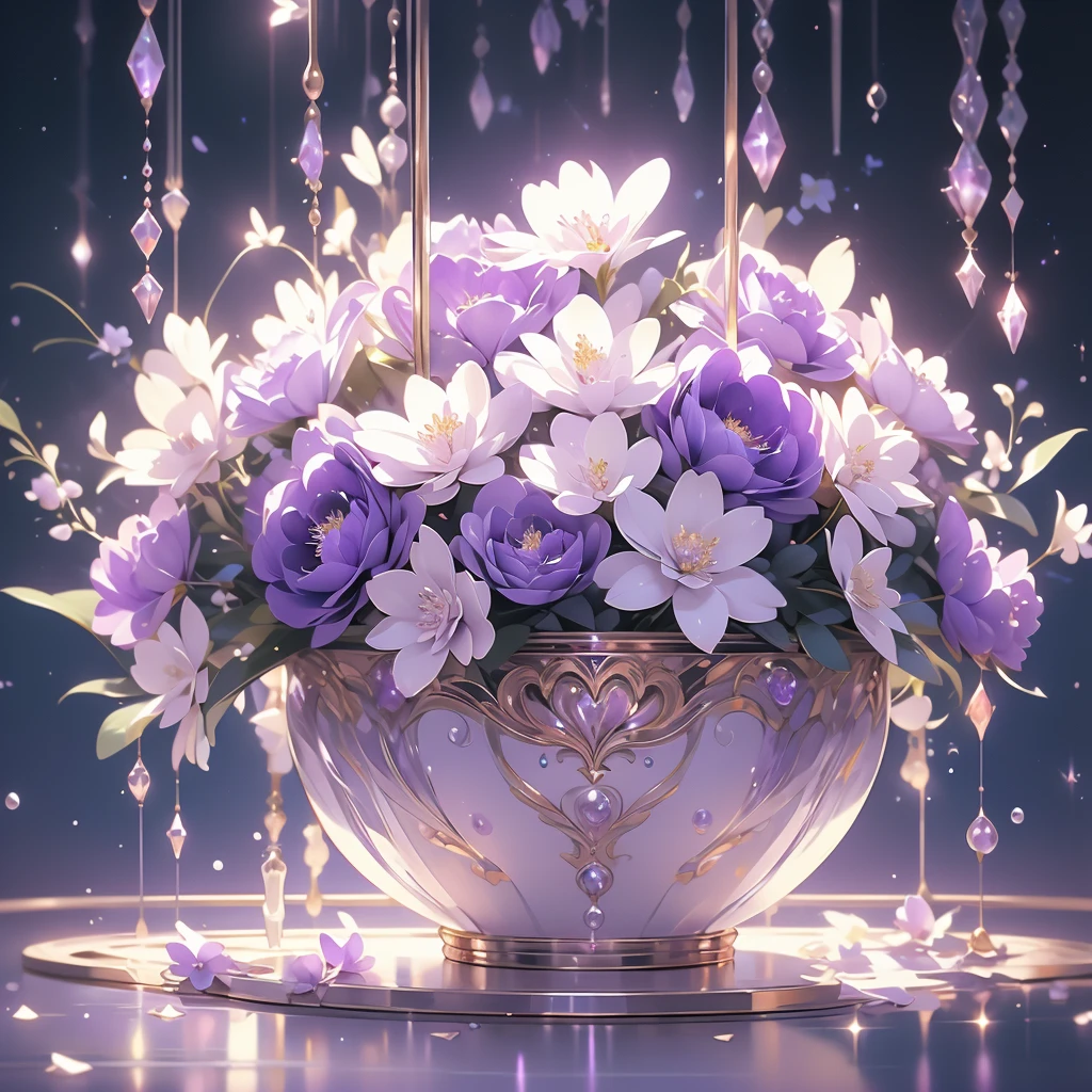 purple and white flowers in a vase with water droplets, digital art by Eizan Kikukawa, tumblr, aestheticism, dreamy aesthetic, 🌺 cgsociety, very aesthetic!!!!!!!!!!!!!!!, magical flowers, aesthetic ”, fantasy aesthetic!, beautiful flowers and crystals, very aesthetic!!!!!!, sailor moon aesthetic, nebulous bouquets, night sky full of flowers