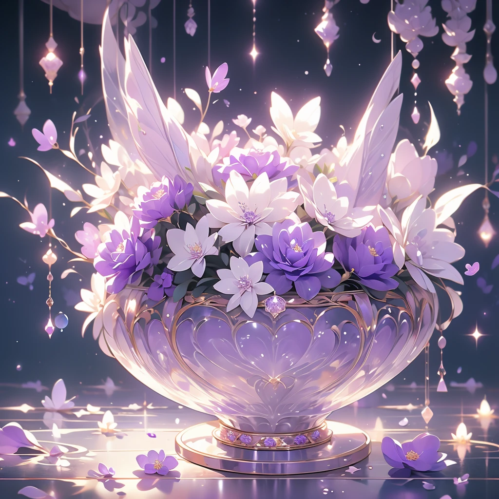 purple and white flowers in a vase with water droplets, dreamy aesthetic, 🌺 cgsociety, very aesthetic!!!!!!!!!!!!!!!, magical flowers, aesthetic ”, fantasy aesthetic!, beautiful flowers and crystals, very aesthetic!!!!!!, sailor moon aesthetic, nebulous bouquets, night sky full of flowers, ethereal!!! ultra realistic, purple aethetic, in style of petra collins