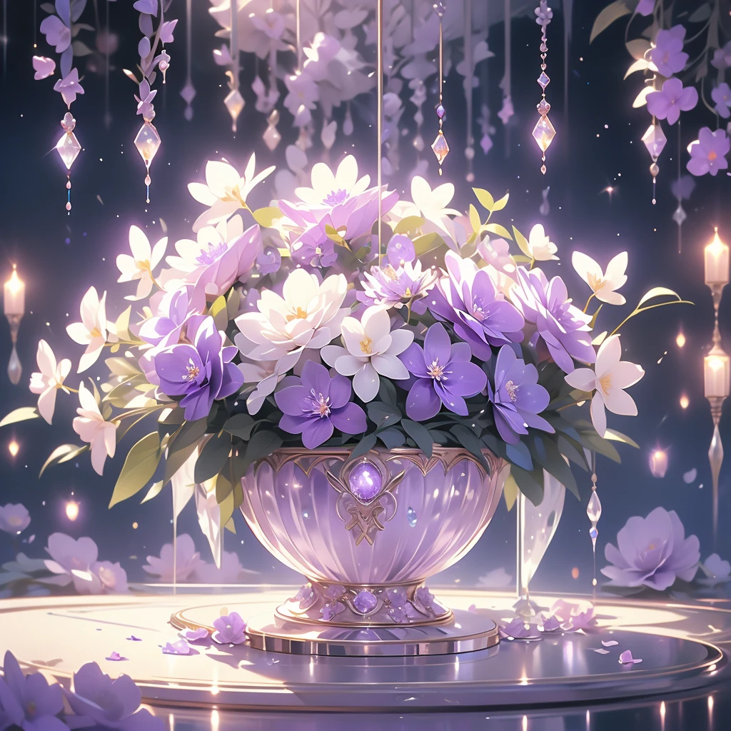 purple and white flowers in a vase with water droplets, dreamy aesthetic, 🌺 cgsociety, very aesthetic!!!!!!!!!!!!!!!, magical flowers, aesthetic ”, fantasy aesthetic!, beautiful flowers and crystals, very aesthetic!!!!!!, sailor moon aesthetic, nebulous bouquets, night sky full of flowers, ethereal!!! ultra realistic, purple aethetic, in style of petra collins