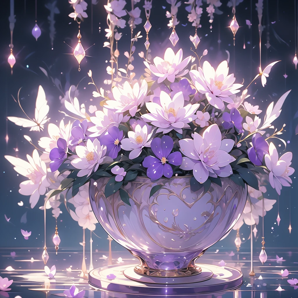 purple and white flowers in a vase with water droplets, digital art by Eizan Kikukawa, tumblr, aestheticism, dreamy aesthetic, 🌺 cgsociety, very aesthetic!!!!!!!!!!!!!!!, magical flowers, aesthetic ”, fantasy aesthetic!, beautiful flowers and crystals, very aesthetic!!!!!!, sailor moon aesthetic, nebulous bouquets, night sky full of flowers