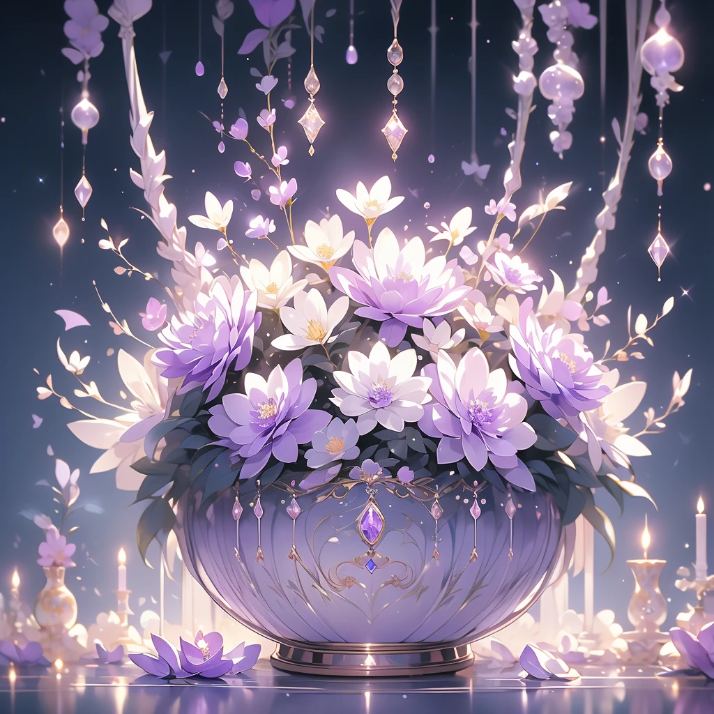 purple and white flowers in a vase with water droplets, digital art by Eizan Kikukawa, tumblr, aestheticism, dreamy aesthetic, 🌺 cgsociety, very aesthetic!!!!!!!!!!!!!!!, magical flowers, aesthetic ”, fantasy aesthetic!, beautiful flowers and crystals, very aesthetic!!!!!!, sailor moon aesthetic, nebulous bouquets, night sky full of flowers