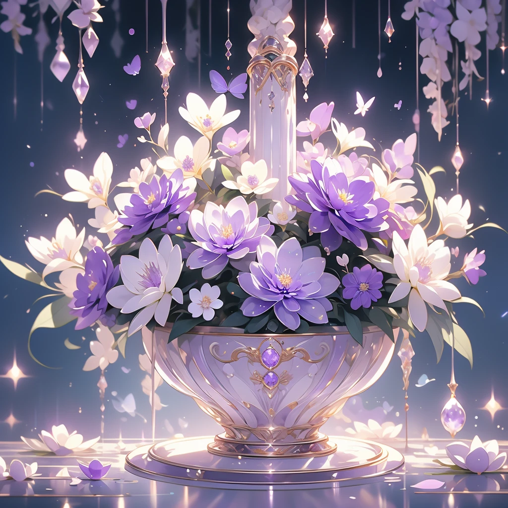 purple and white flowers in a vase with water droplets, digital art by Eizan Kikukawa, tumblr, aestheticism, dreamy aesthetic, 🌺 cgsociety, very aesthetic!!!!!!!!!!!!!!!, magical flowers, aesthetic ”, fantasy aesthetic!, beautiful flowers and crystals, very aesthetic!!!!!!, sailor moon aesthetic, nebulous bouquets, night sky full of flowers