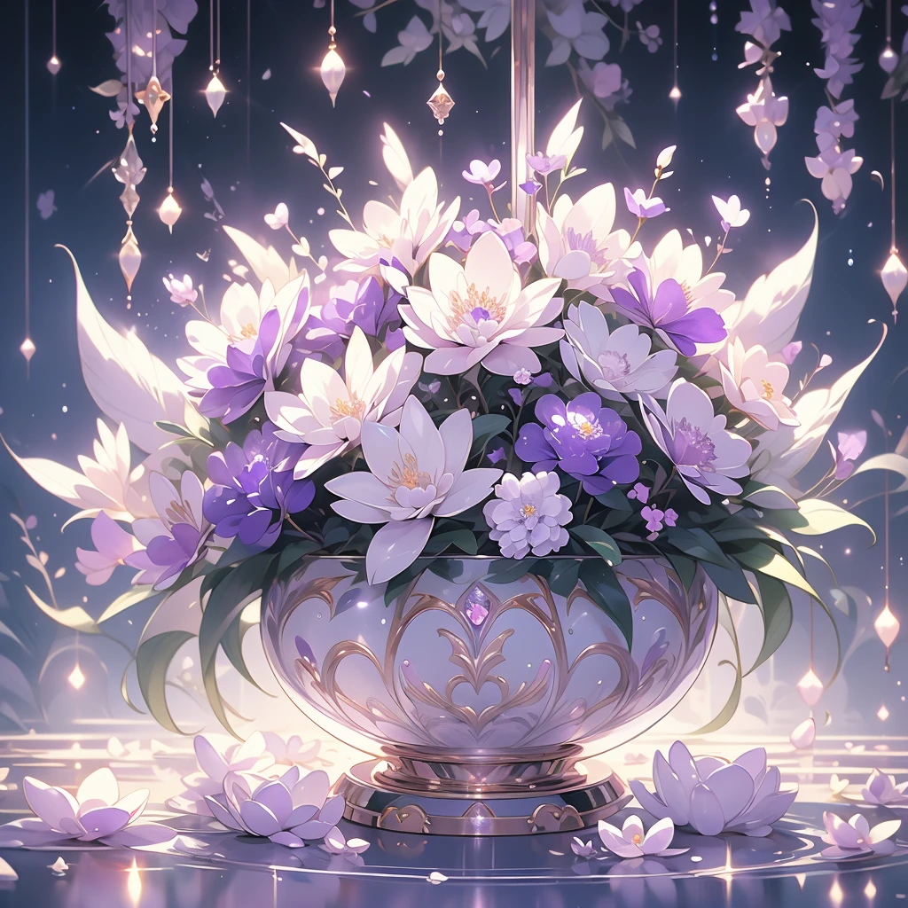 purple and white flowers in a vase with water droplets, digital art by Eizan Kikukawa, tumblr, aestheticism, dreamy aesthetic, 🌺 cgsociety, very aesthetic!!!!!!!!!!!!!!!, magical flowers, aesthetic ”, fantasy aesthetic!, beautiful flowers and crystals, very aesthetic!!!!!!, sailor moon aesthetic, nebulous bouquets, night sky full of flowers