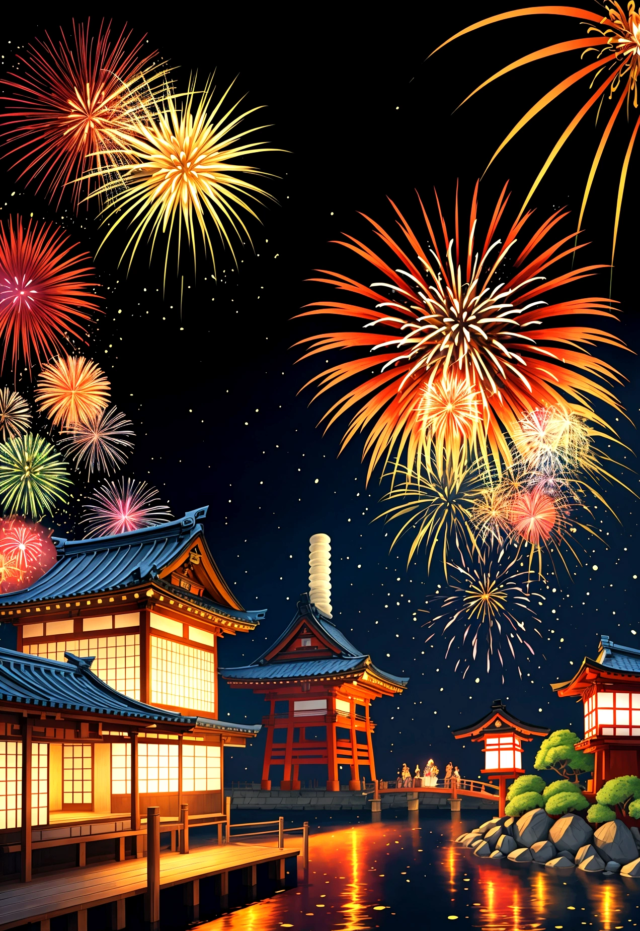 Summer festival、Japan、firework、5A drawing of a genius level
