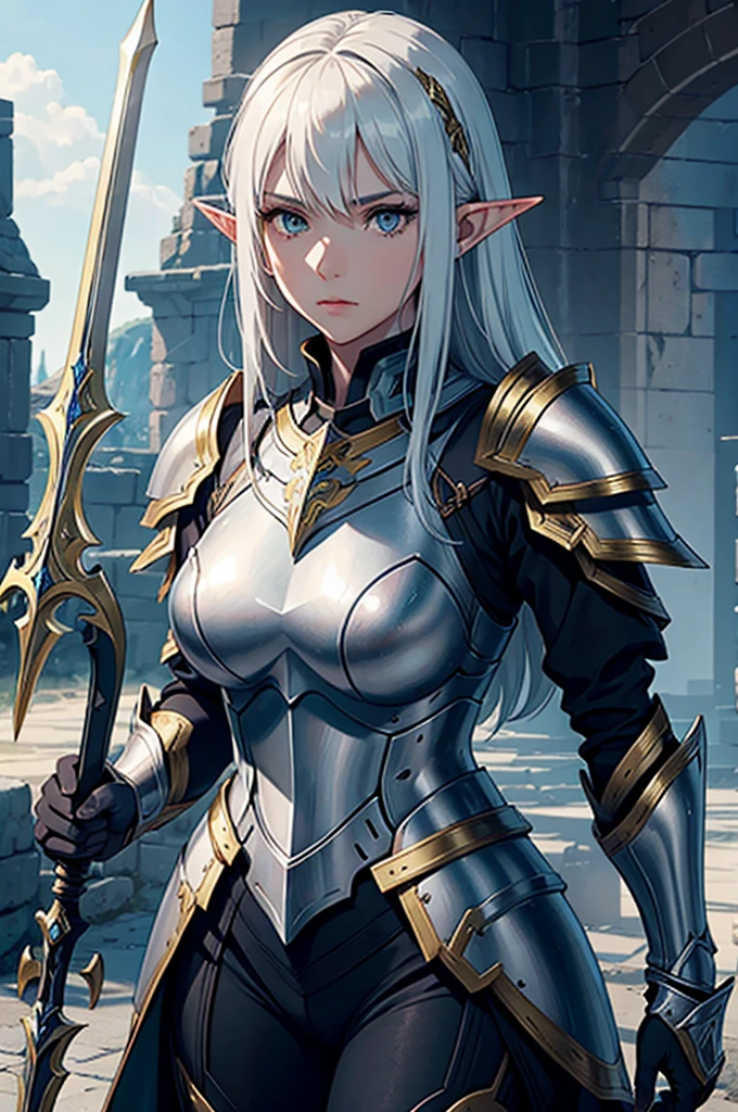 Woman in armor, golden eyes, Silver Hair, pale skin, height 194 cm, standing with glaive, girl in armor, gorgeous female paladin, alluring elf princess knight, from line 2, Dressed in heavy armor, female paladin, picture of female paladin, female paladin в стиле фэнтези, extremely detailed art germ, female knight, of a beautiful female knight, beautiful female knight, spear and shield, paladin armor, Ares in heavy armor, heavy armor, Heavy golden armor, golden paladin, War Hammer, Эпическая paladin armor, Cloak, heavy armor. Dramatic