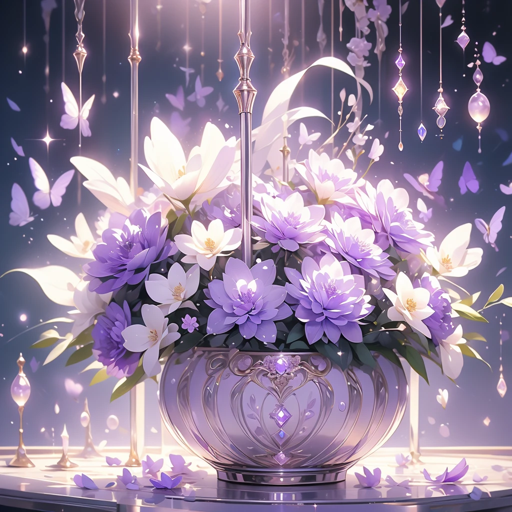 purple and white flowers in a vase with water droplets, dreamy aesthetic, 🌺 cgsociety, very aesthetic!!!!!!!!!!!!!!!, magical flowers, aesthetic ”, fantasy aesthetic!, beautiful flowers and crystals, very aesthetic!!!!!!, sailor moon aesthetic, nebulous bouquets, night sky full of flowers, ethereal!!! ultra realistic, purple aethetic, in style of petra collins