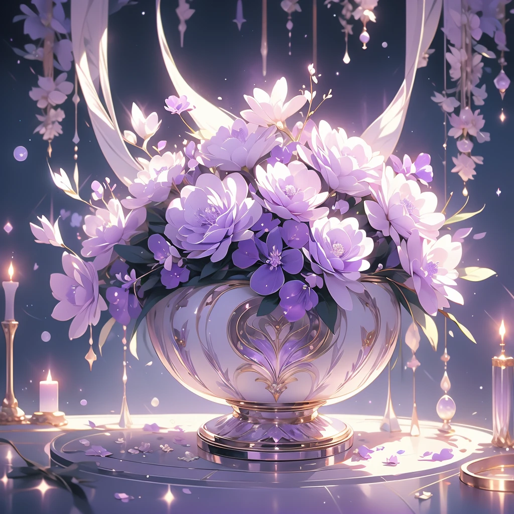 purple and white flowers in a vase with water droplets, dreamy aesthetic, 🌺 cgsociety, very aesthetic!!!!!!!!!!!!!!!, magical flowers, aesthetic ”, fantasy aesthetic!, beautiful flowers and crystals, very aesthetic!!!!!!, sailor moon aesthetic, nebulous bouquets, night sky full of flowers, ethereal!!! ultra realistic, purple aethetic, in style of petra collins