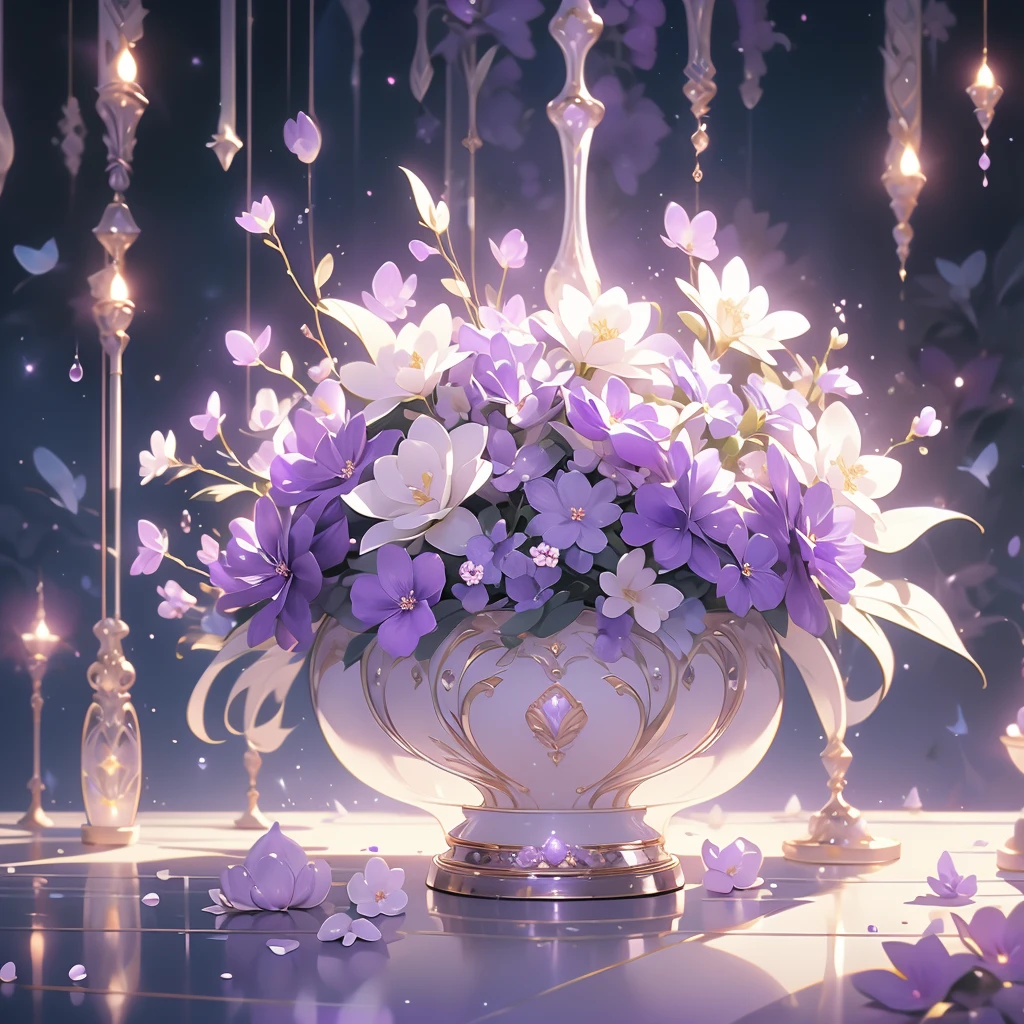 purple and white flowers in a vase with water droplets, dreamy aesthetic, 🌺 cgsociety, very aesthetic!!!!!!!!!!!!!!!, magical flowers, aesthetic ”, fantasy aesthetic!, beautiful flowers and crystals, very aesthetic!!!!!!, sailor moon aesthetic, nebulous bouquets, night sky full of flowers, ethereal!!! ultra realistic, purple aethetic, in style of petra collins