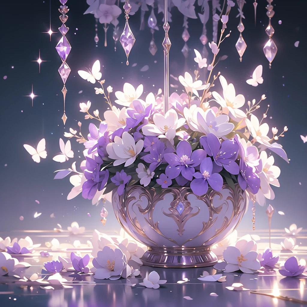 purple and white flowers in a vase with water droplets, digital art by Eizan Kikukawa, tumblr, aestheticism, dreamy aesthetic, 🌺 cgsociety, very aesthetic!!!!!!!!!!!!!!!, magical flowers, aesthetic ”, fantasy aesthetic!, beautiful flowers and crystals, very aesthetic!!!!!!, sailor moon aesthetic, nebulous bouquets, night sky full of flowers