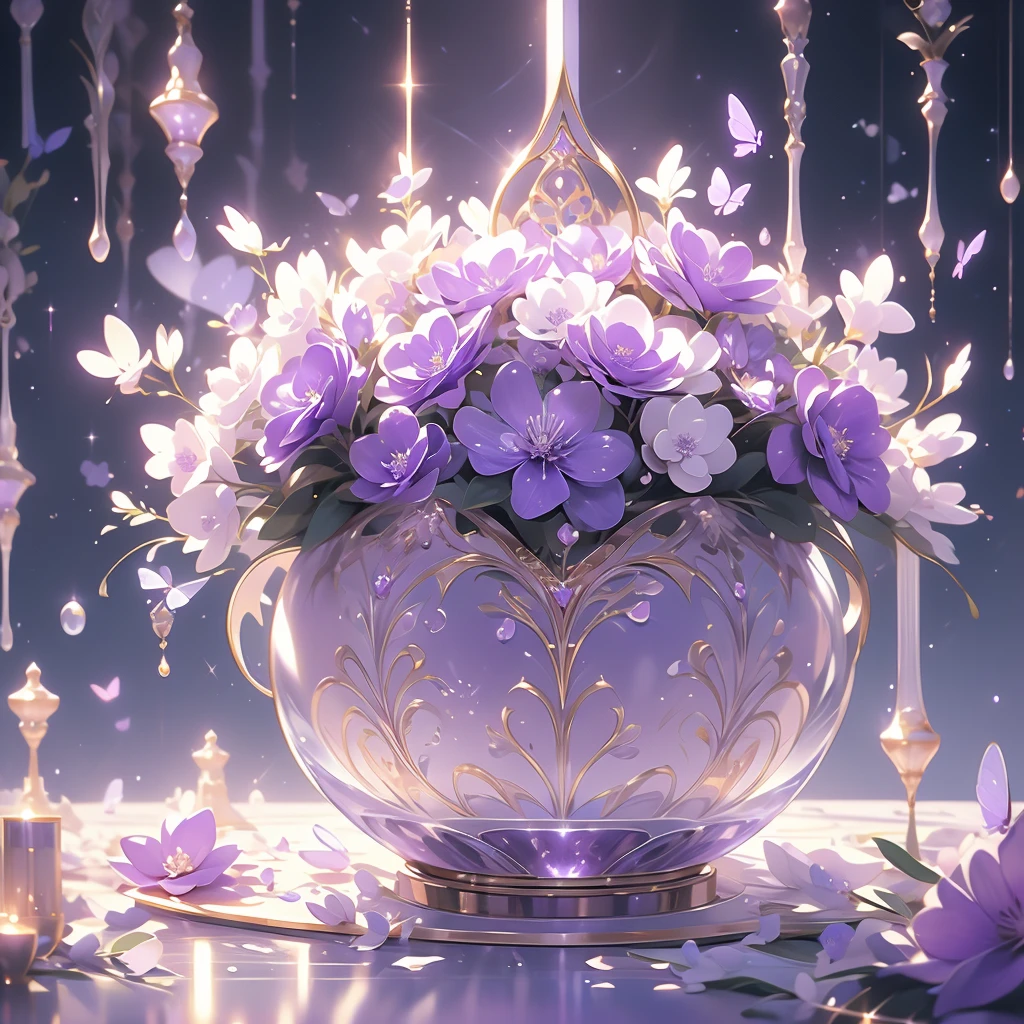 purple and white flowers in a vase with water droplets, digital art by Eizan Kikukawa, tumblr, aestheticism, dreamy aesthetic, 🌺 cgsociety, very aesthetic!!!!!!!!!!!!!!!, magical flowers, aesthetic ”, fantasy aesthetic!, beautiful flowers and crystals, very aesthetic!!!!!!, sailor moon aesthetic, nebulous bouquets, night sky full of flowers