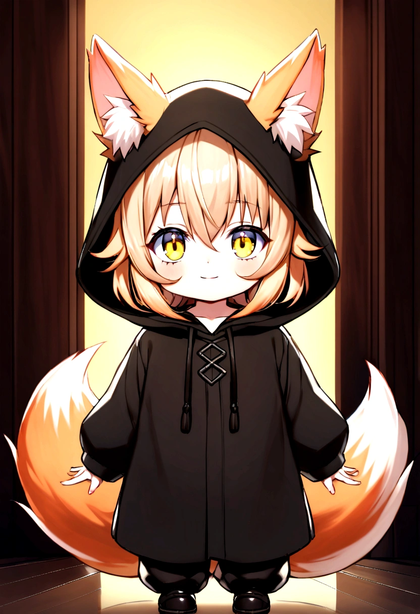 (vtubermodel:1.2) fullbody,1boy,,black hood, beautiful orange hair, beautiful yellow eyes,fox ears,light smile