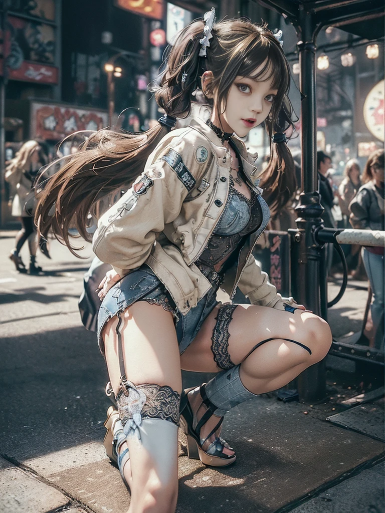 (Full Body View:1.ide view:1.2)、(Sg with teeth showing:1.3),(Shibuya Gal:1.5)、(Hostess:1.4)、(Neo-goth fashion:1.5)、(Punk RockVisual Kei:1.3)、(Futuristic bodysuit in white, beige and denim with embellishments:1.5)、(A delicate short jacket in denim, beige and navy:1.5)、(Denim garter belt:1.5)、(Tattered denim and a white micro mini skirt:1.3)、(Heart-shaped silver accessories:1.5)、(Brown Skin Belt:1.4)、(Blue High Heels:1.4)、(Lace patterned underwear:1.4)、20-year-old、NSFW,((Highest quality、In 8K、masterpiece:1.3))、Sharp :1.2、(Layered Cut、Huge boobs:1.1),Beau woman with perfect figure:1.4、(Doing an aerobics pose:1.3)、Slender Abs:1.2、BHighly detailed facd skin texture、Detailed eyes、double eyelid,(Twin tails:1.3)、(Brown-golden hair:1.3)、Obscene、Gravure idol、(Luxurious amusement park at night:1.3)、(Make your legs thinner:1.4)、(Thin thighs:1.4)、(Slim body:1.3)、(clavicle