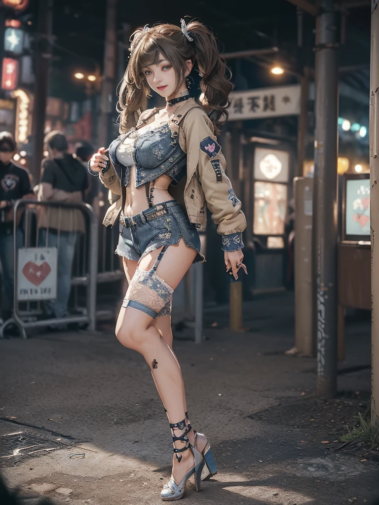 (Full Body View:1.4)、(Side view:1.2)、(Smiling with teeth showing:1.3),(Shibuya Gal:1.5)、(Hostess:1.4)、(Neo-goth fashion:1.5)、(Punk RockVisual Kei:1.3)、(Futuristic bodysuit in white, beige and denim with embellishments:1.5)、(A delicate short jacket in denim, beige and navy:1.5)、(Denim garter belt:1.5)、(Tattered denim and a white micro mini skirt:1.3)、(Heart-shaped silver accessories:1.5)、(Brown Skin Belt:1.4)、(Blue High Heels:1.4)、(Lace patterned underwear:1.4)、20-year-old、NSFW,((Highest quality、In 8K、masterpiece:1.3))、Sharp focus:1.2、(Layered Cut、Huge boobs:1.1),Beautiful woman with perfect figure:1.4、(Doing an aerobics pose:1.3)、Slender Abs:1.2、Butt、Highly detailed face and skin texture、Detailed eyes、double eyelid,(Twin tails:1.3)、(Brown-golden hair:1.3)、Obscene、Gravure idol、(Luxurious amusement park at night:1.3)、(Make your legs thinner:1.4)、(Thin thighs:1.4)、(Slim body:1.3)、(clavicle:1.1)