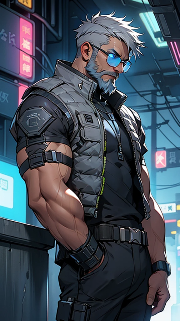 Grey and blue mesh short hair、Glasses、male、Tactical Vest、whole body、cyber punk、View here、front、beard