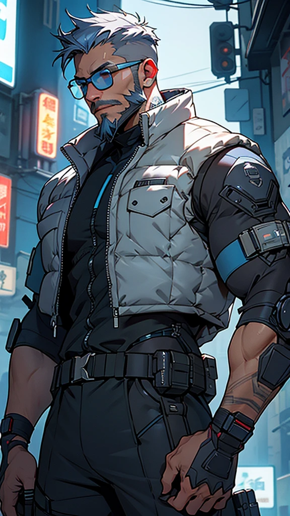 Grey and blue mesh short hair、Glasses、male、Tactical Vest、whole body、cyber punk、View here、front、beard